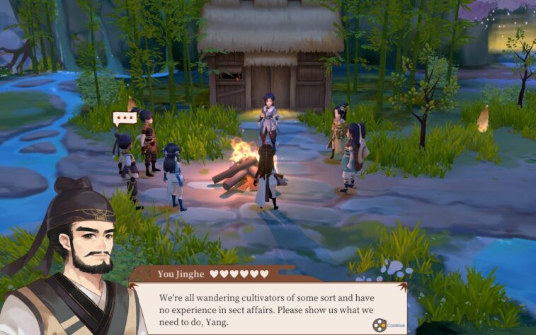 一群角色在黃昏時圍坐在營火旁