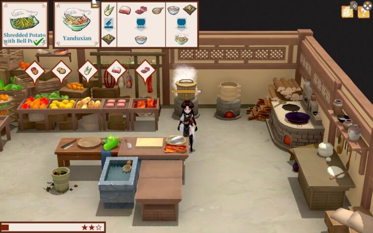 客棧廚房內部,擺滿了食材與廚具