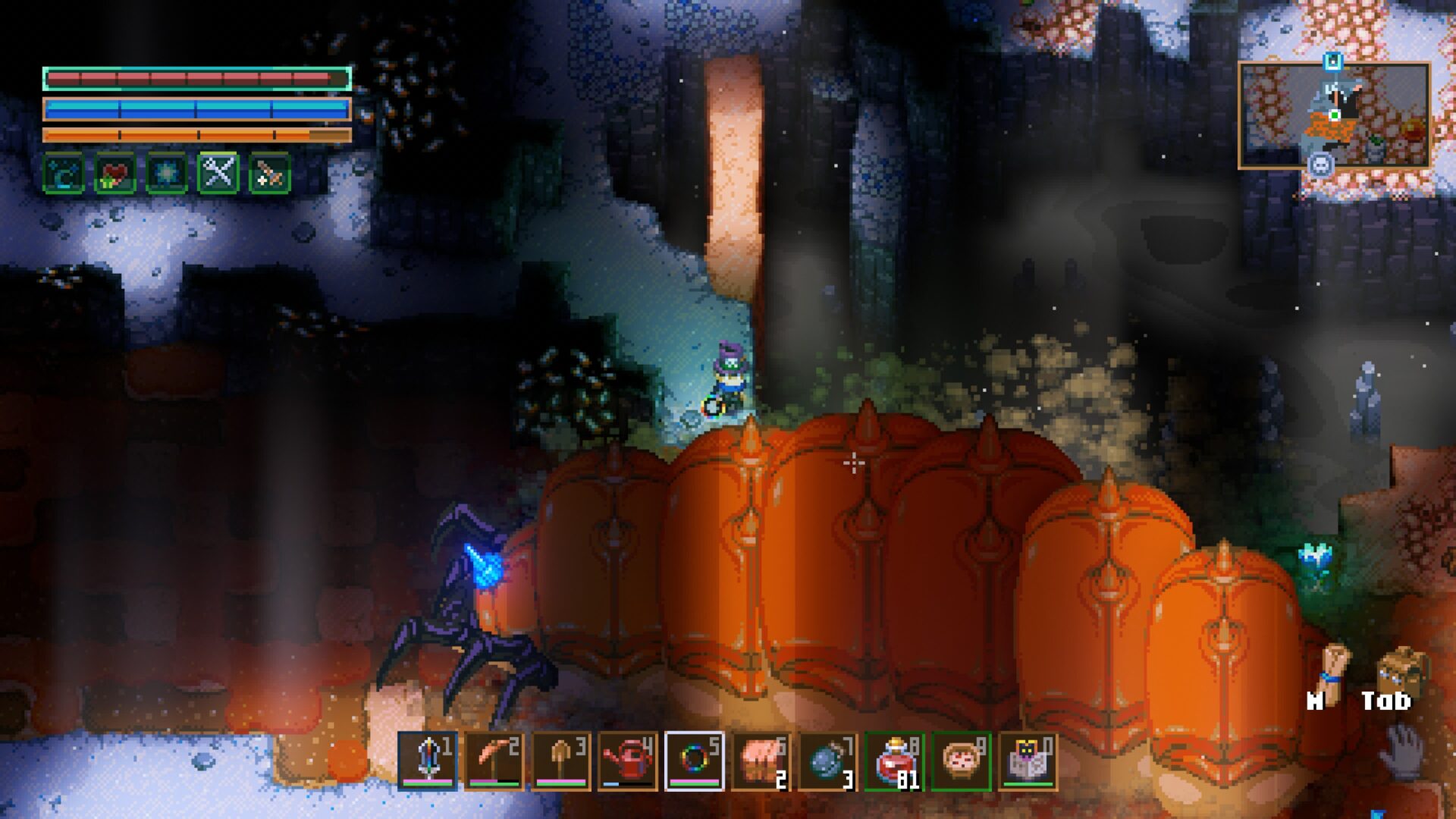 玩家在核心守護者中對抗巨型蠕蟲Boss