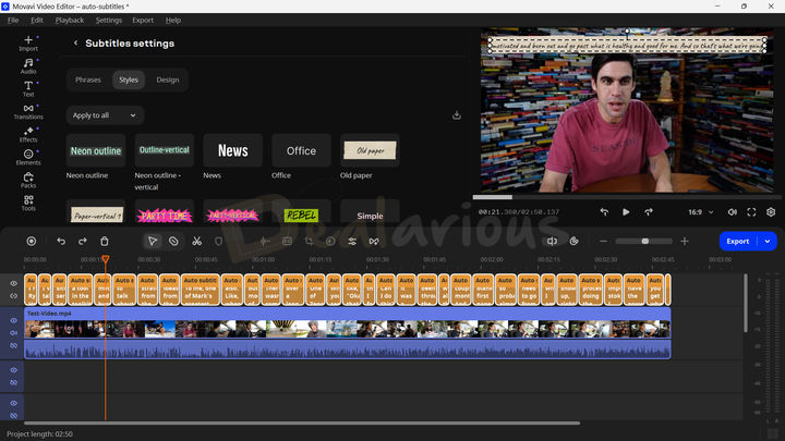 Movavi Video Editor 2026 中自動字幕功能的新字幕樣式選項展示。