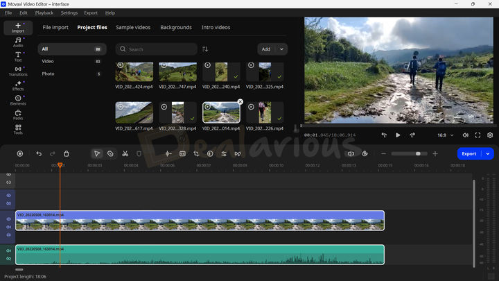 Movavi Video Editor 2026 的使用者介面，左側為匯入的影片素材，右側為預覽面板，下方則是影片和音訊軌道。