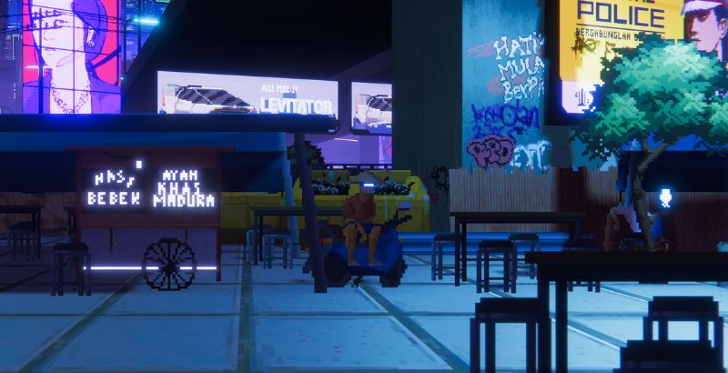 主角 Setyo 站在充滿霓虹燈的街道上