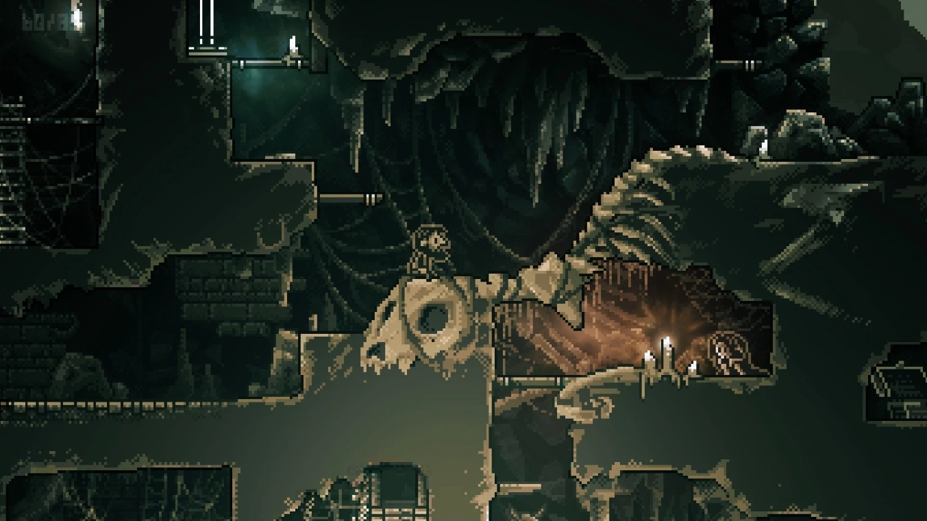 遊戲中的角色在陰森的環境中探索。