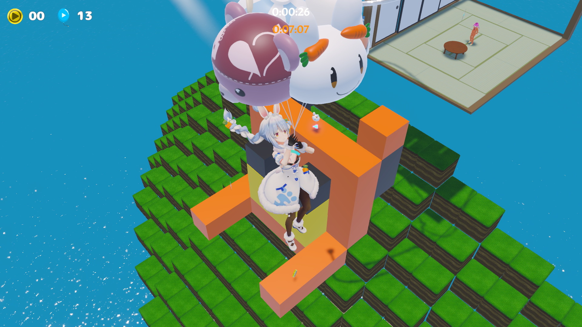 遊戲中的跳躍場景，可以看到許多與 hololive 相關的物件。