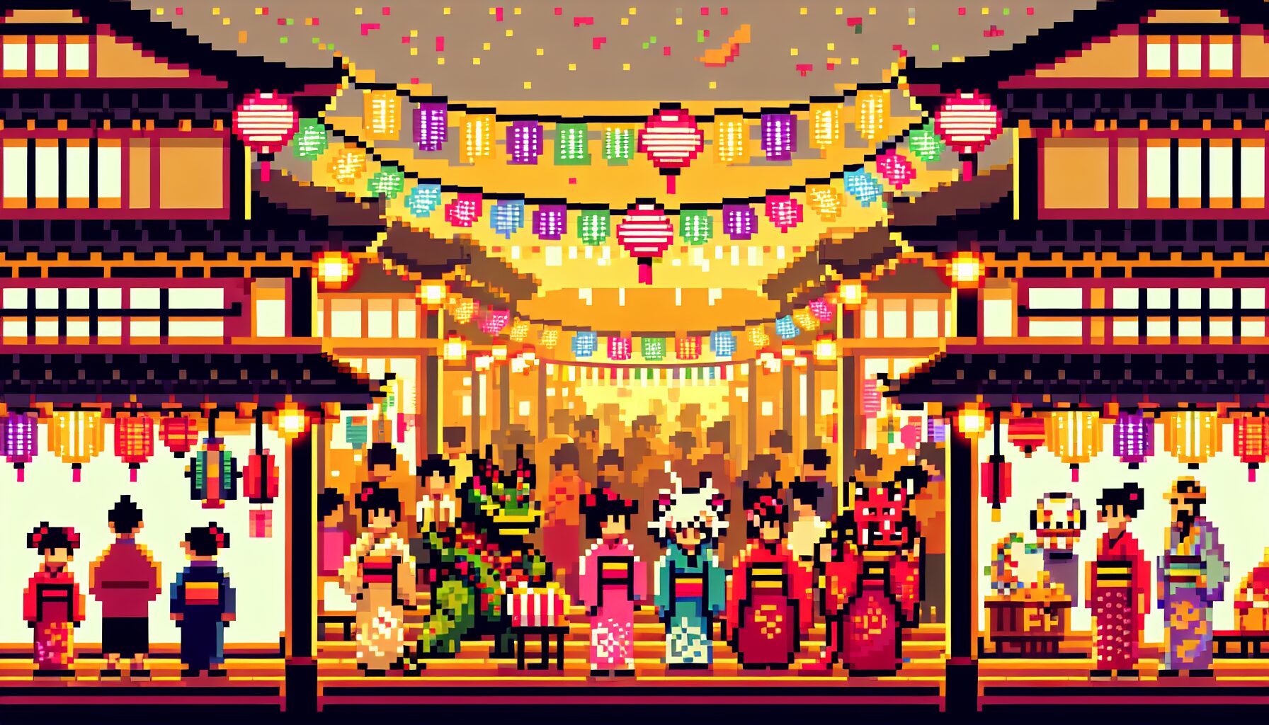 遊戲主角小幸與日本傳說角色NPC們互動的像素美術場景