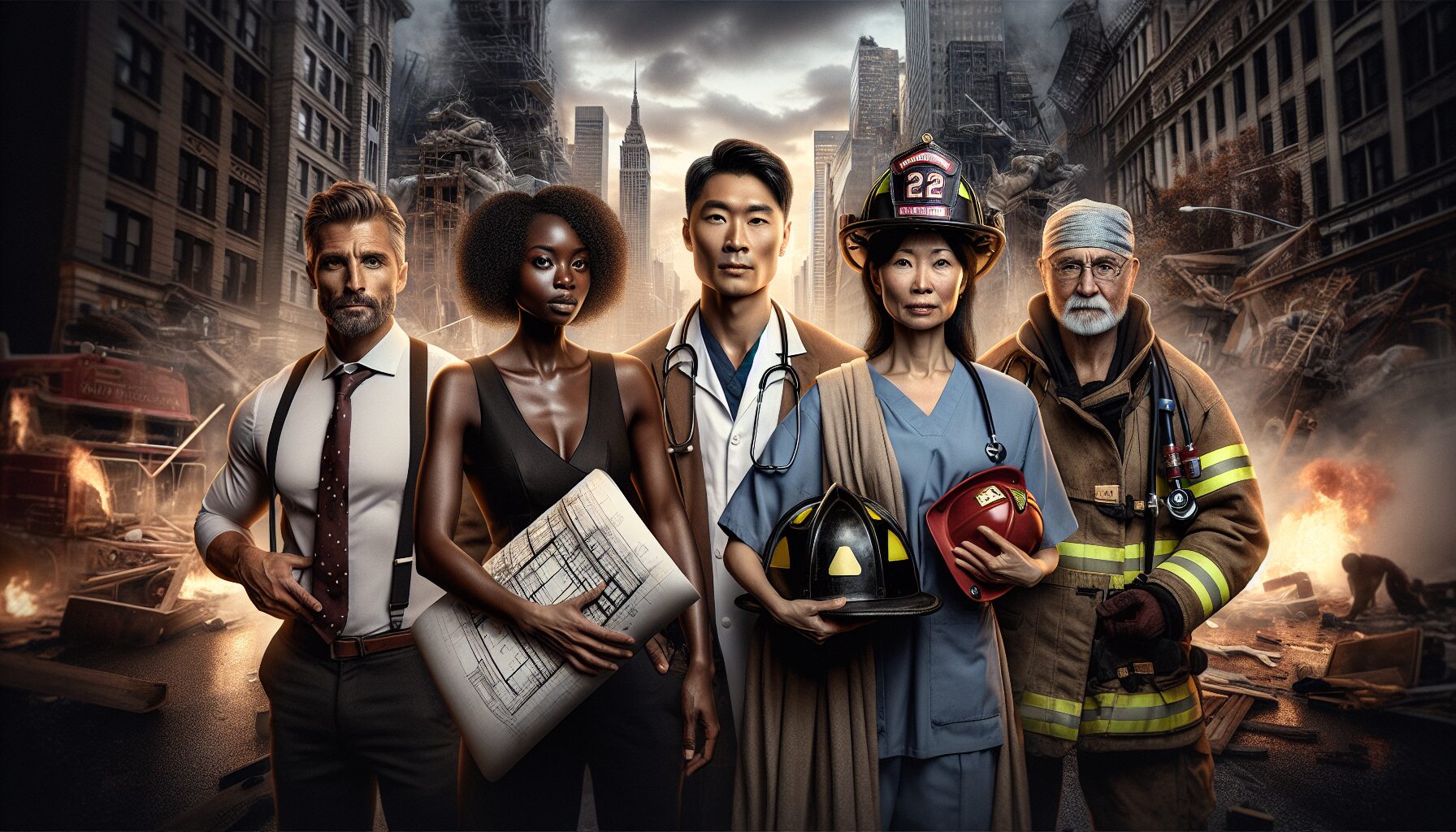 主要角色團體合照：山姆、亞美利、亡人、心人與芙拉吉爾等