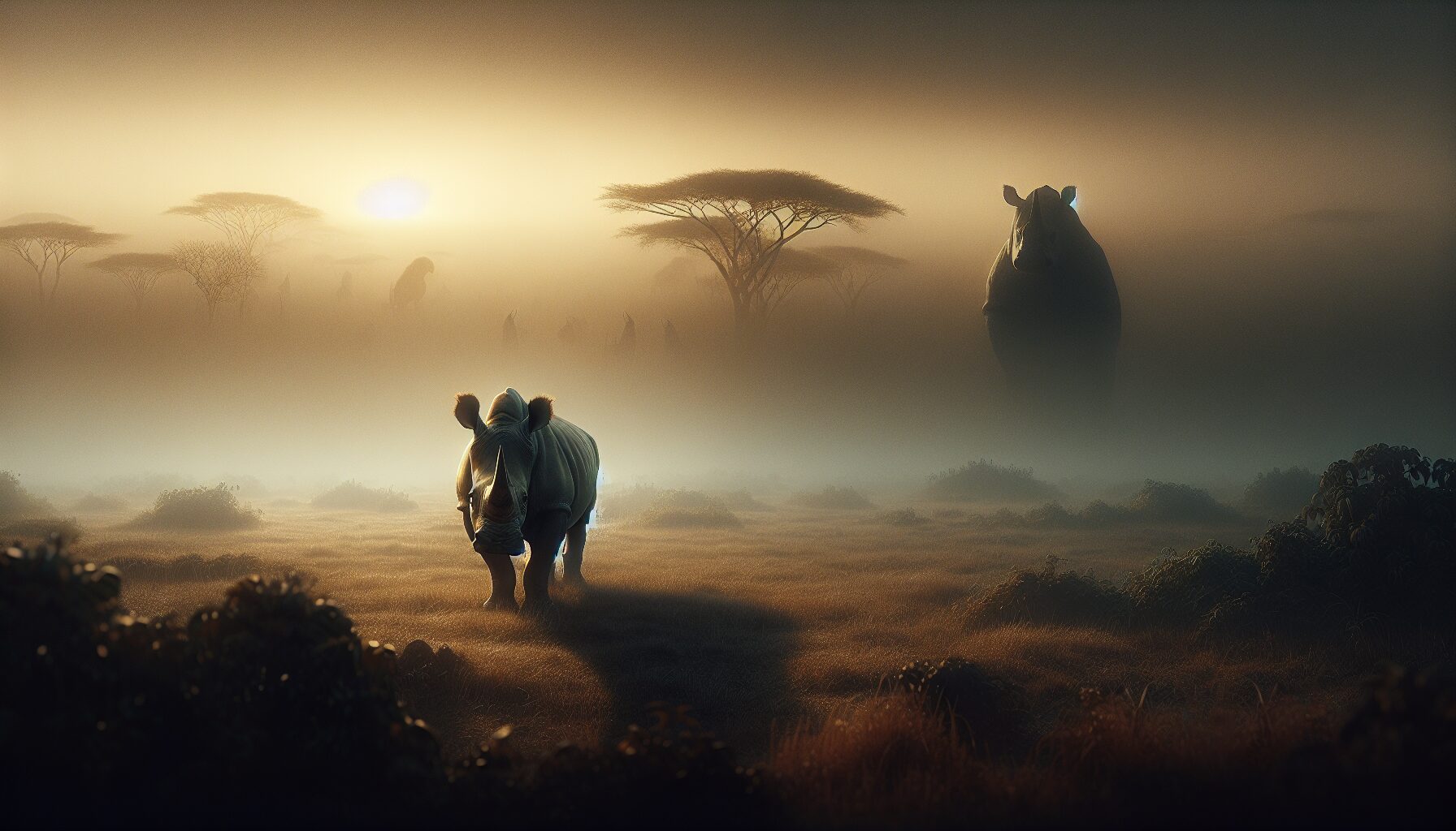 野外生活的犀牛群，強調族群稀少與存續壓力