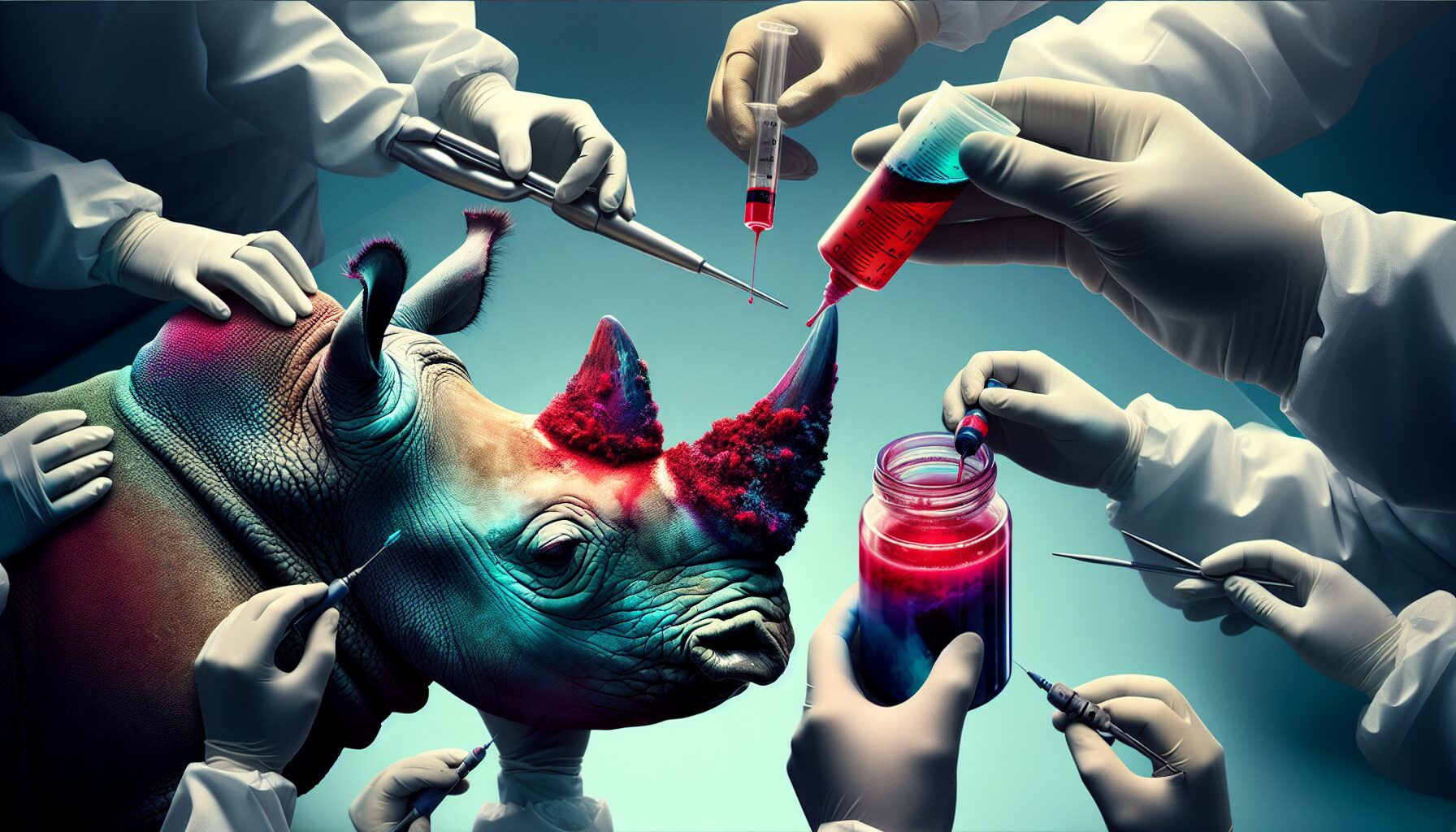 獸醫在野外為犀牛角進行注射與染色作業實錄