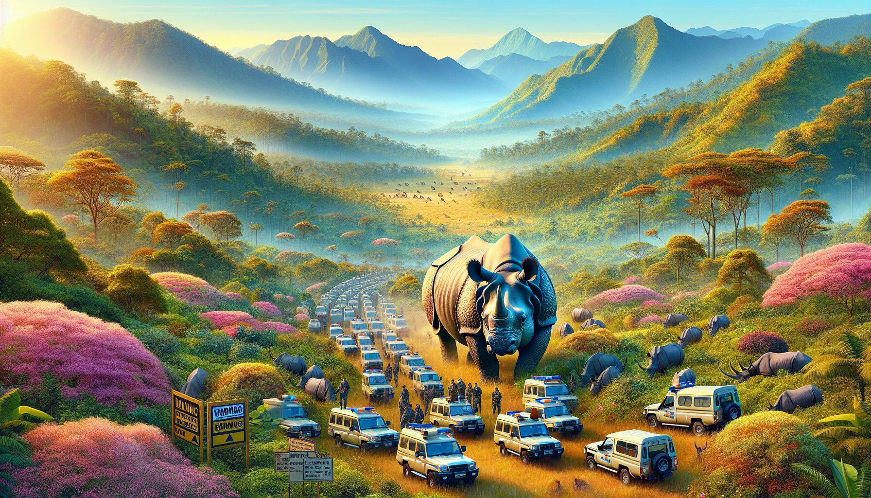 南非私人保護區內貼有紅犀牛警示牌與監控圍籬的景象