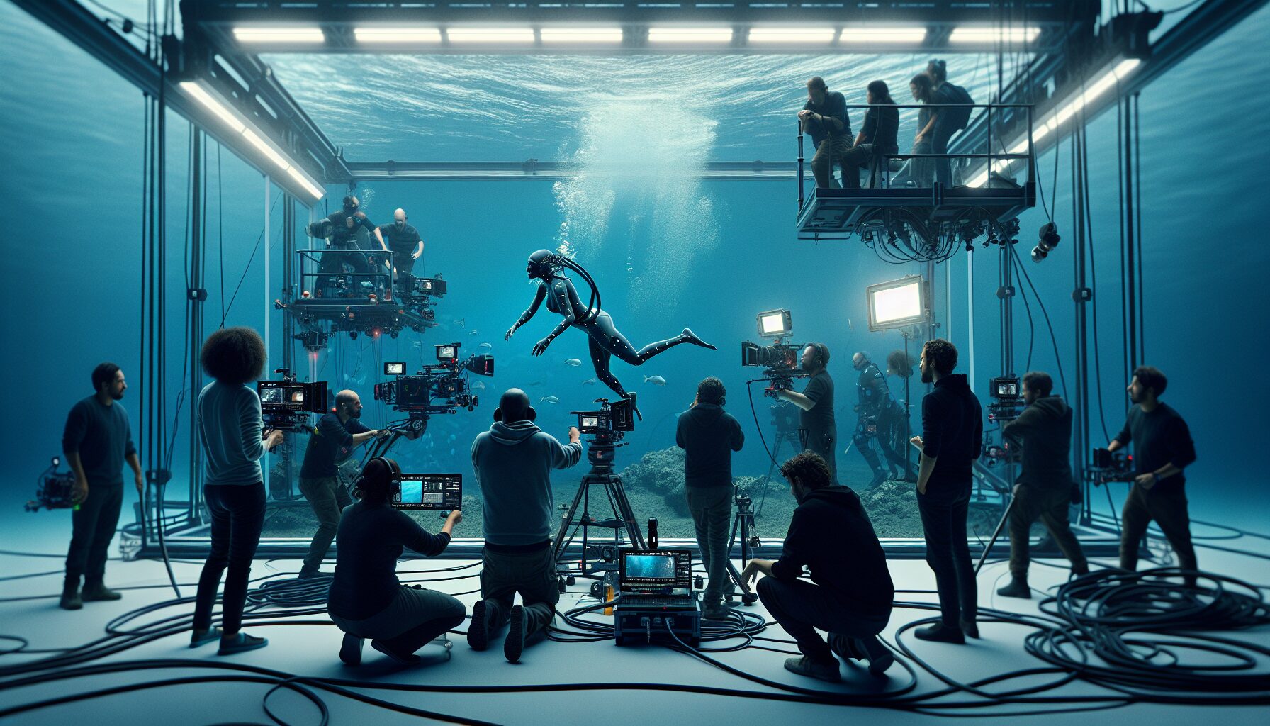演員進行水下動態捕捉訓練，展現在特製水箱中拍攝過程