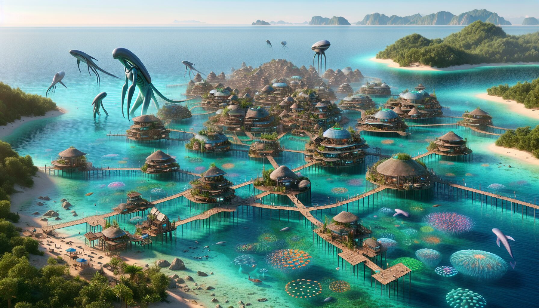 礁人族聚集於海水之上與巨鯨突猑同游，展現潘朵拉獨特生態