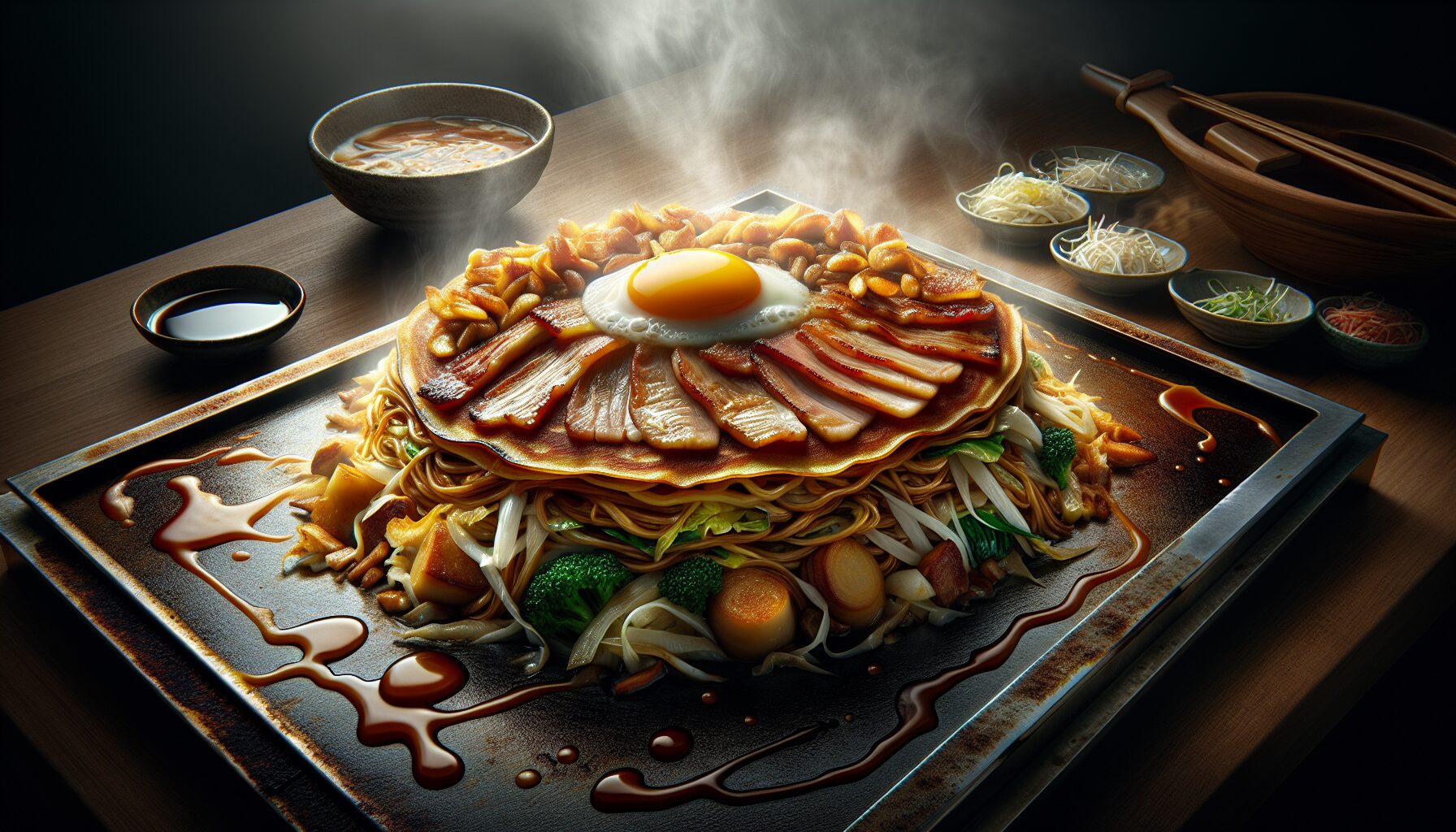 廣島燒的經典斷面，層次分明食材豐富