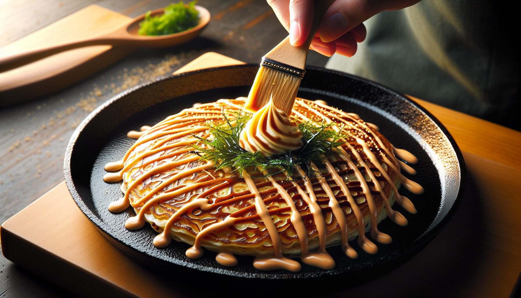 完成後的大阪燒，表面淋滿醬汁與美乃滋