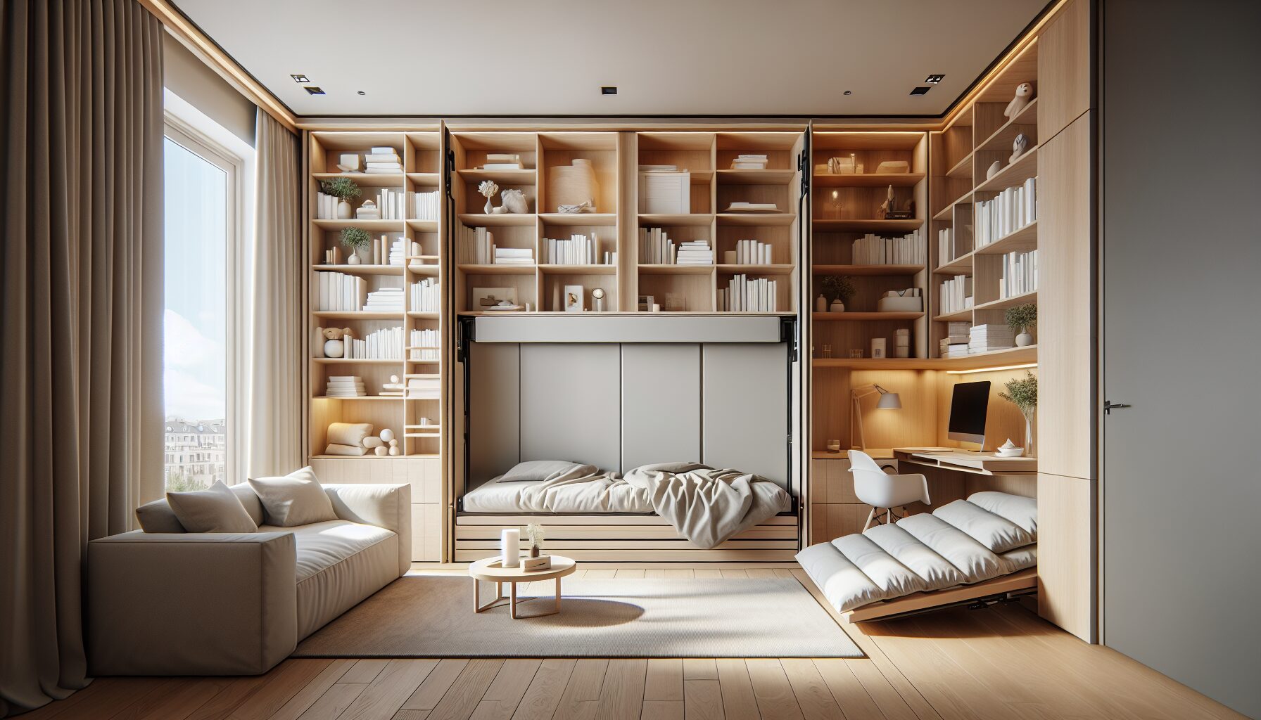 墨菲床搭配書櫃與收納展示設計