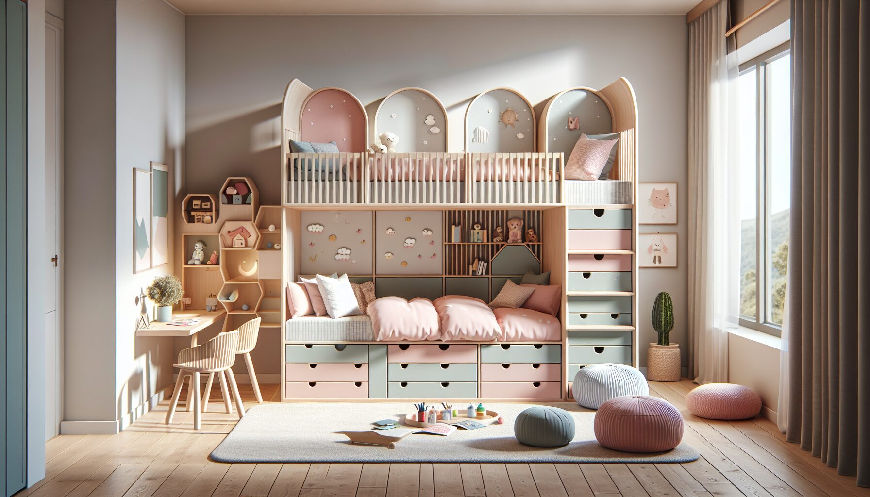 兒童房組合錯位床與階梯收納一體設計