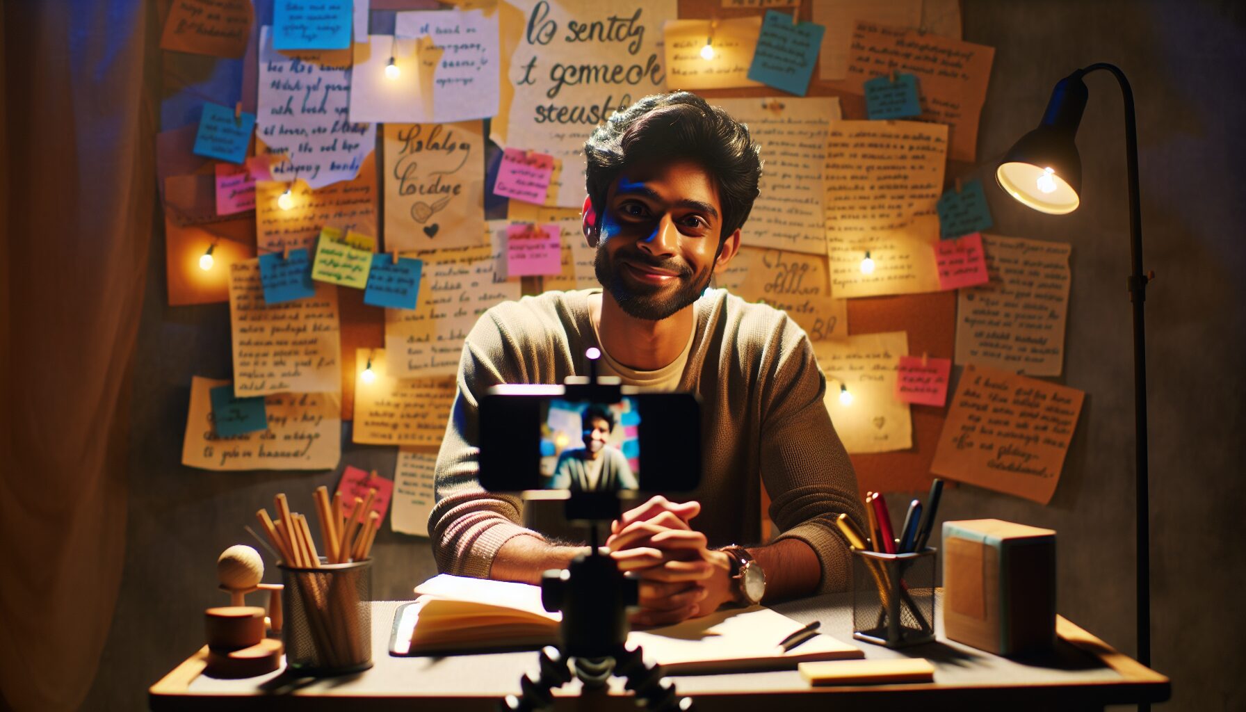 光頭哥哥拍攝祝福影片時的溫馨笑容，背景為房間牆面