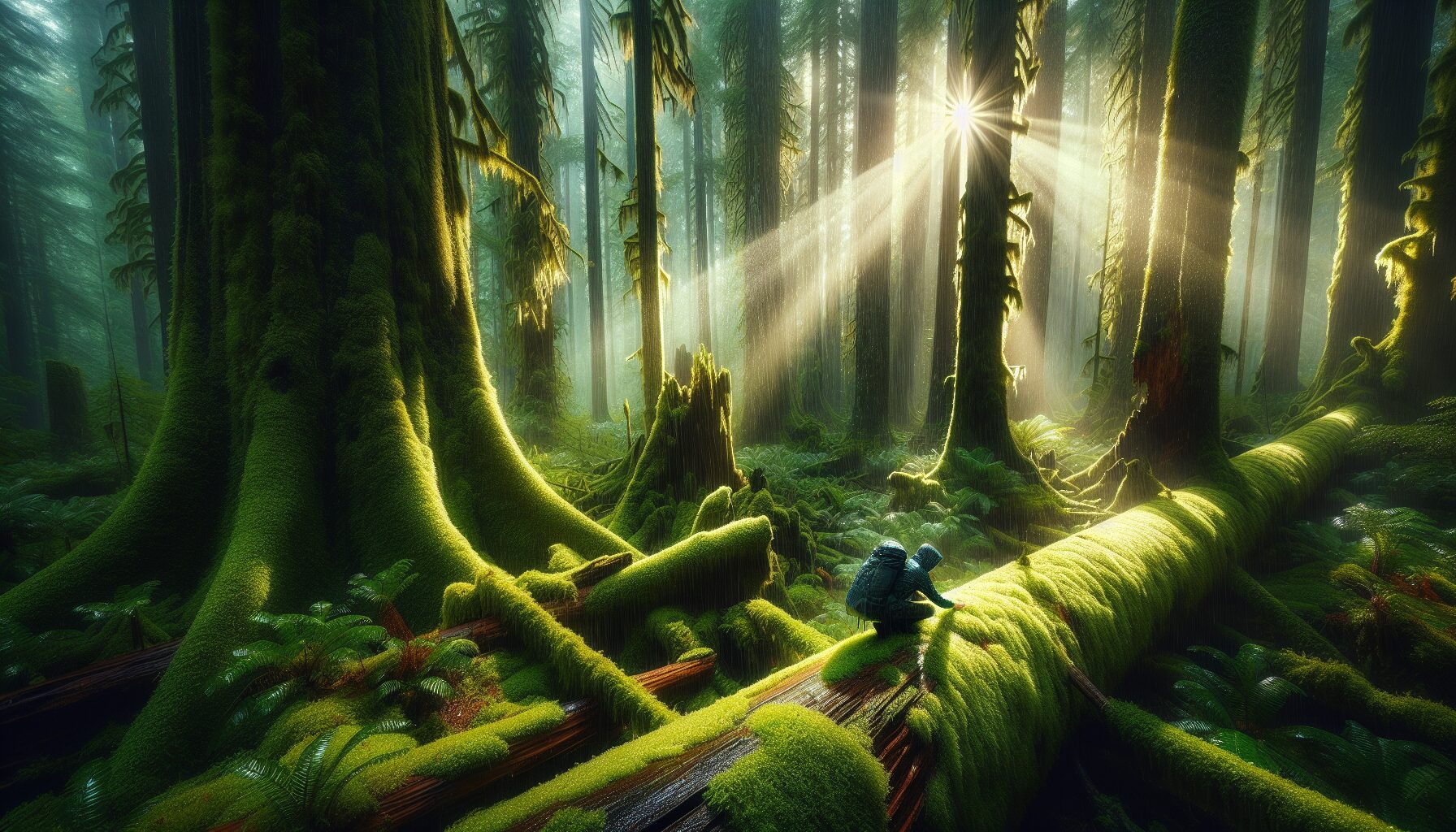 旅人在日本知床半島健行,途中親手觸摸苔蘚覆蓋的巨石,體現與大自然深度互動的旅行本質