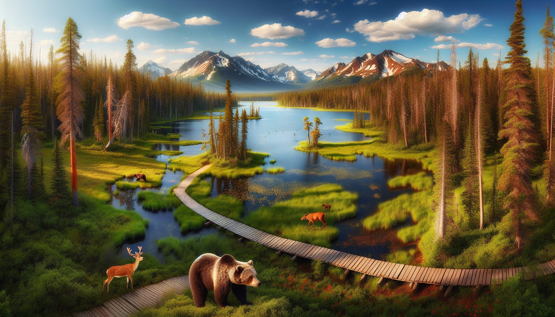 知床五湖湖光山色,偶見棕熊於森林邊緣活動,是野性與自然共存的代表景致