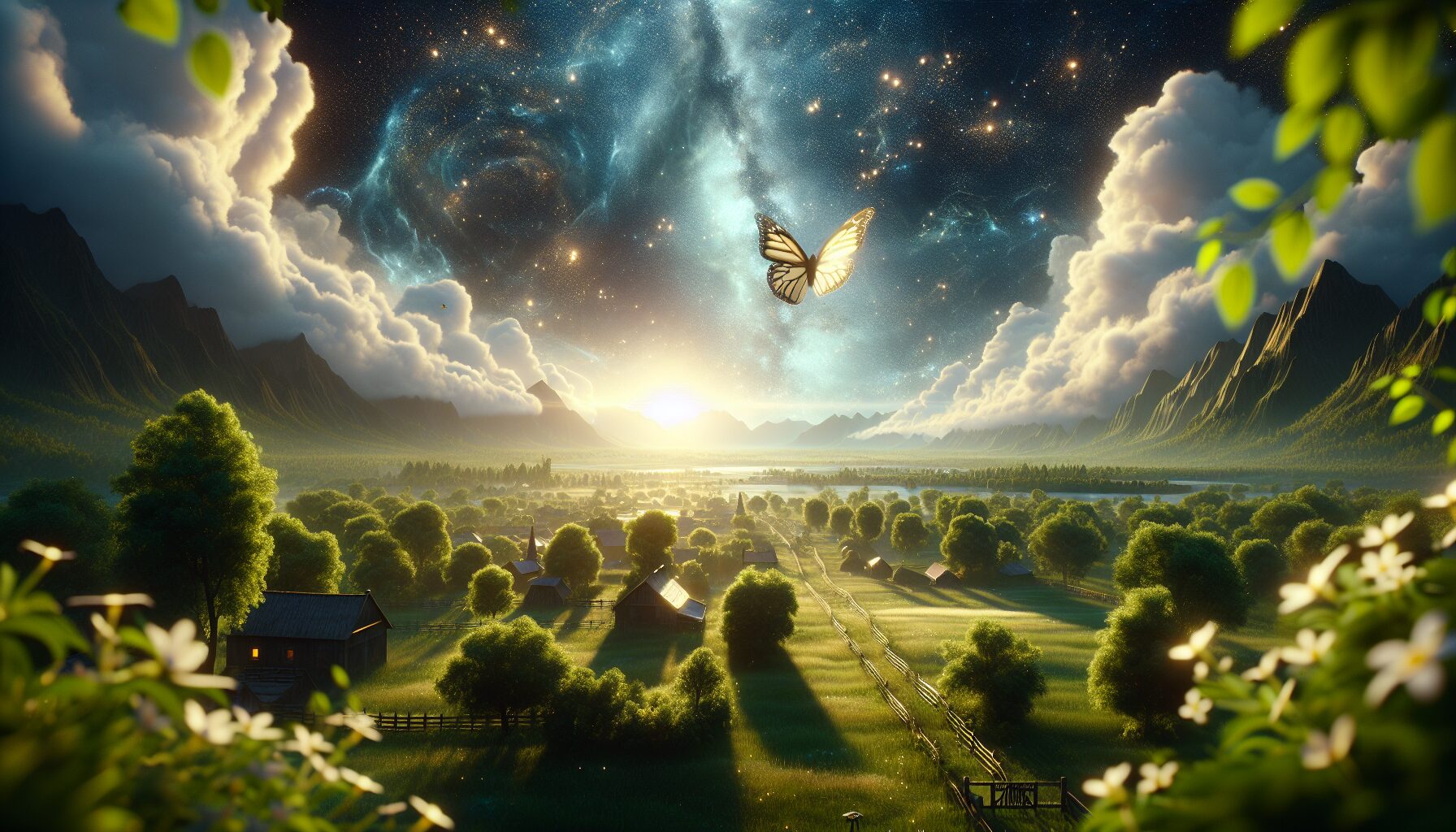 CG動畫預告片截圖,瑪利歐仰望星空,蝴蝶飛離蘑菇王國上空