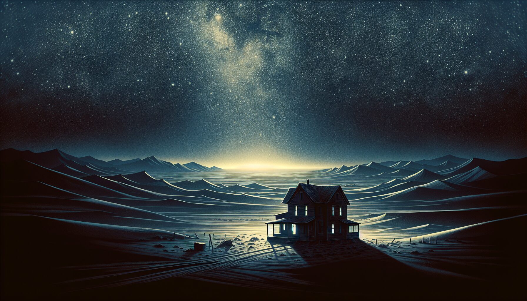 無名小鎮的農舍外觀，象徵故事的孤寂背景