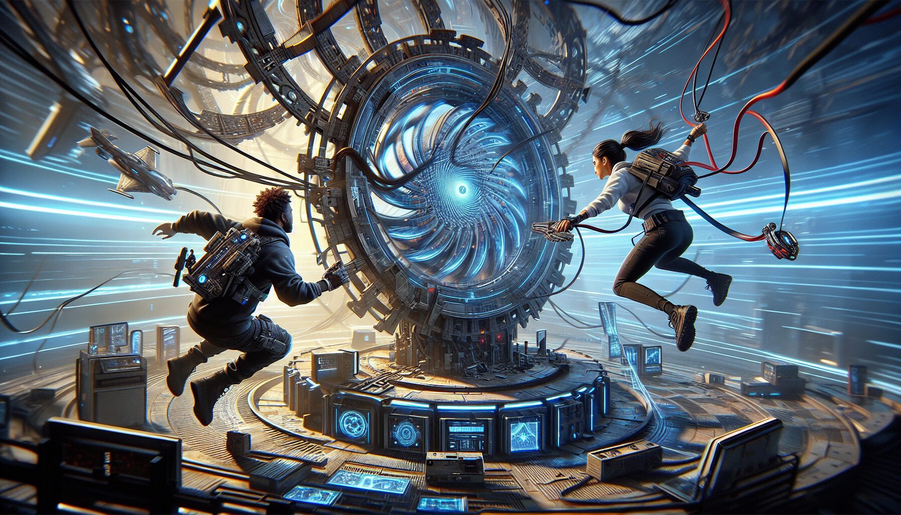 雙人角色利用鉤爪及解謎機關合作突破障礙