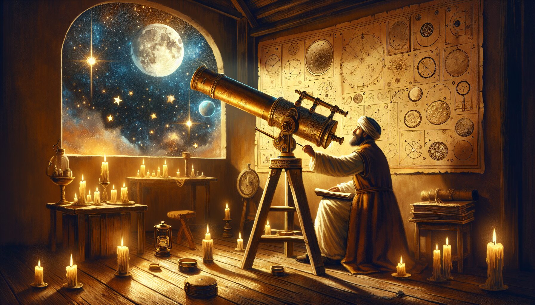 伽利略觀天示意圖，展示了木星四大衛星