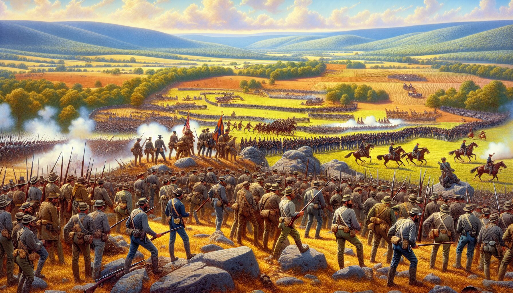 拿破崙指揮法軍散兵線推進，縱隊於主攻時刻穿刺敵陣，騎兵與砲兵同步配合