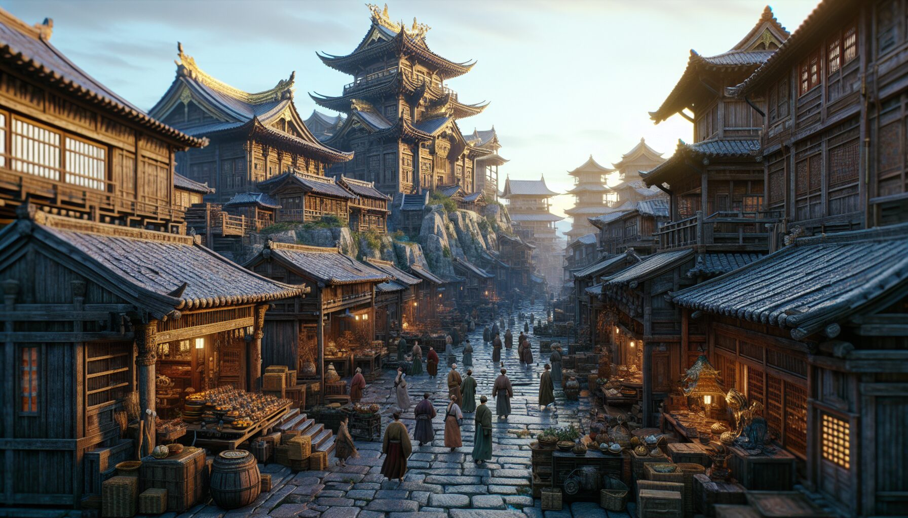 戰國日本世界地圖與城下町場景