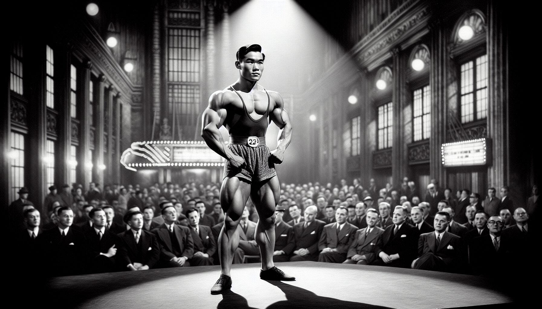 年輕時的高鳴於健美比賽現場，展現健壯陽剛的體格