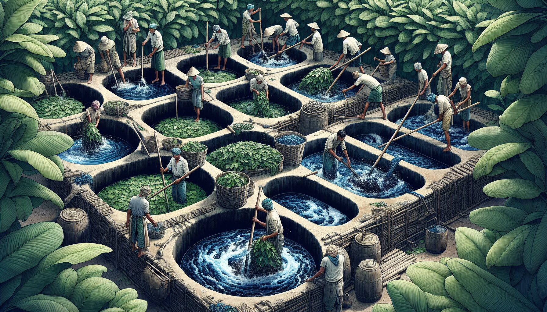 染缸中布料由綠轉藍過程示意圖