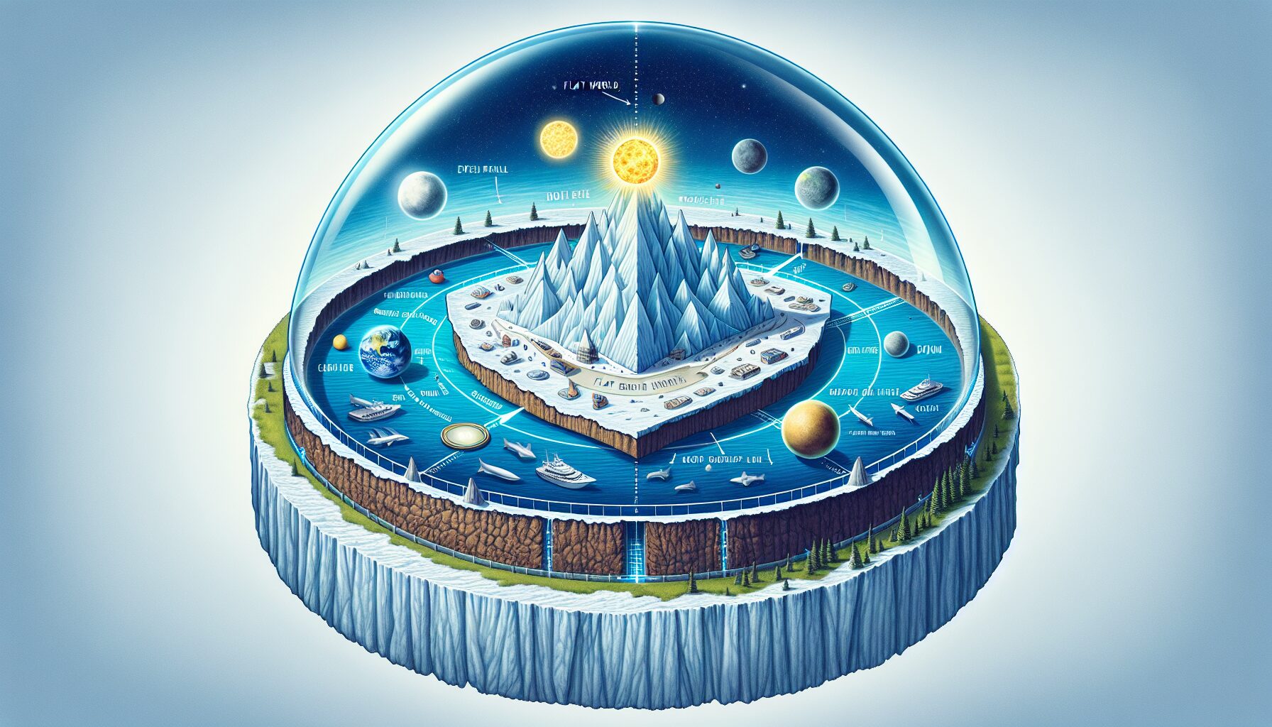 現代地平說構想的平面地球與冰牆模型