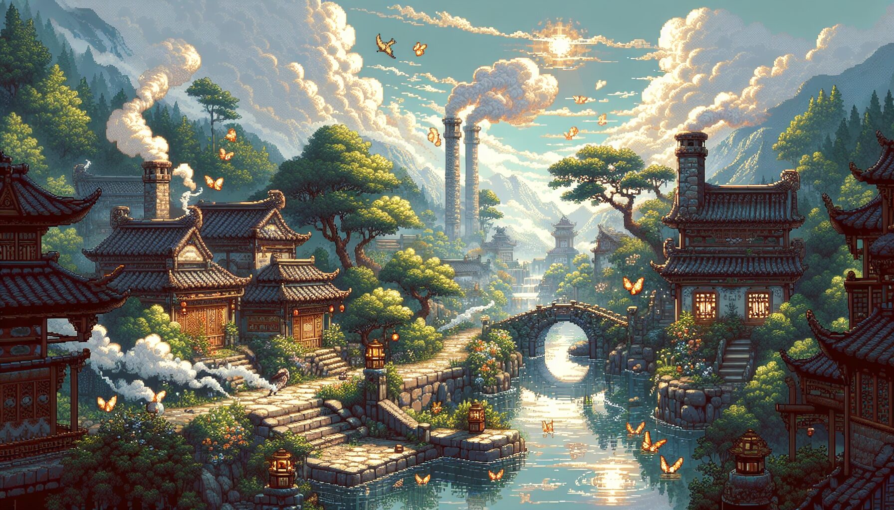 梧桐村場景細節,陽光與煙火氣息結合的像素美學