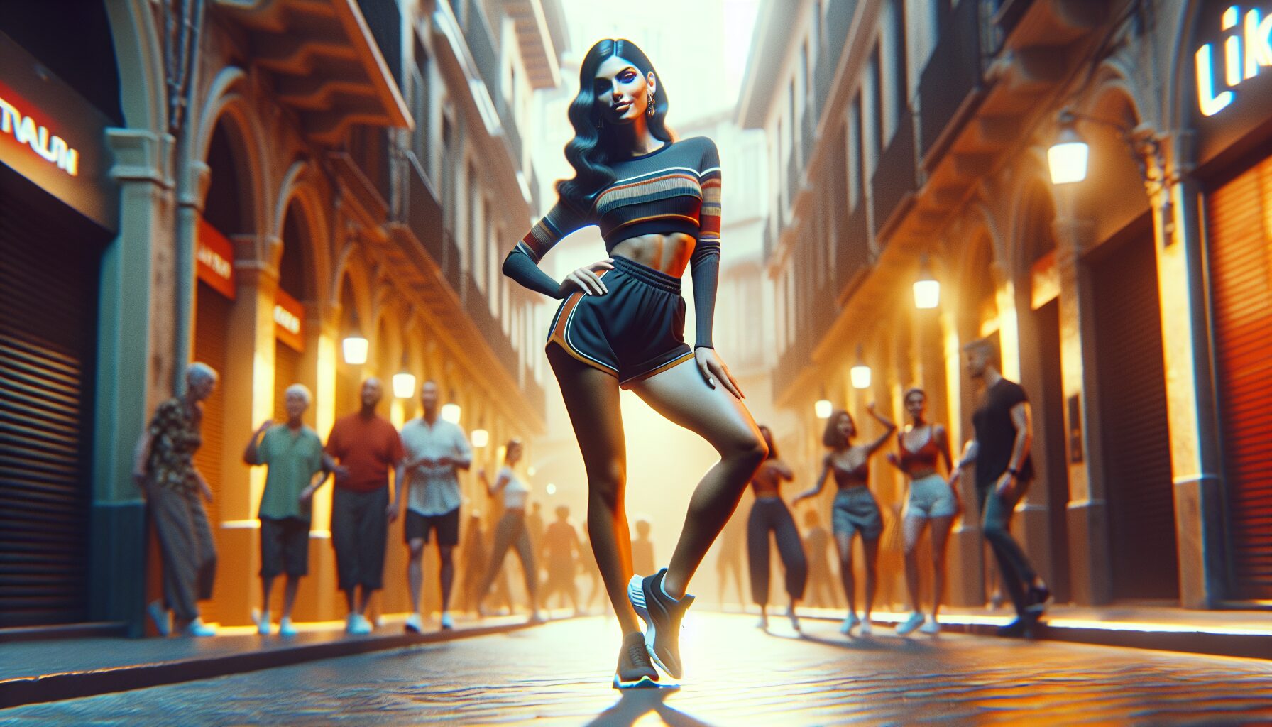 女生穿著經典白邊黑底真理褲於運動場上