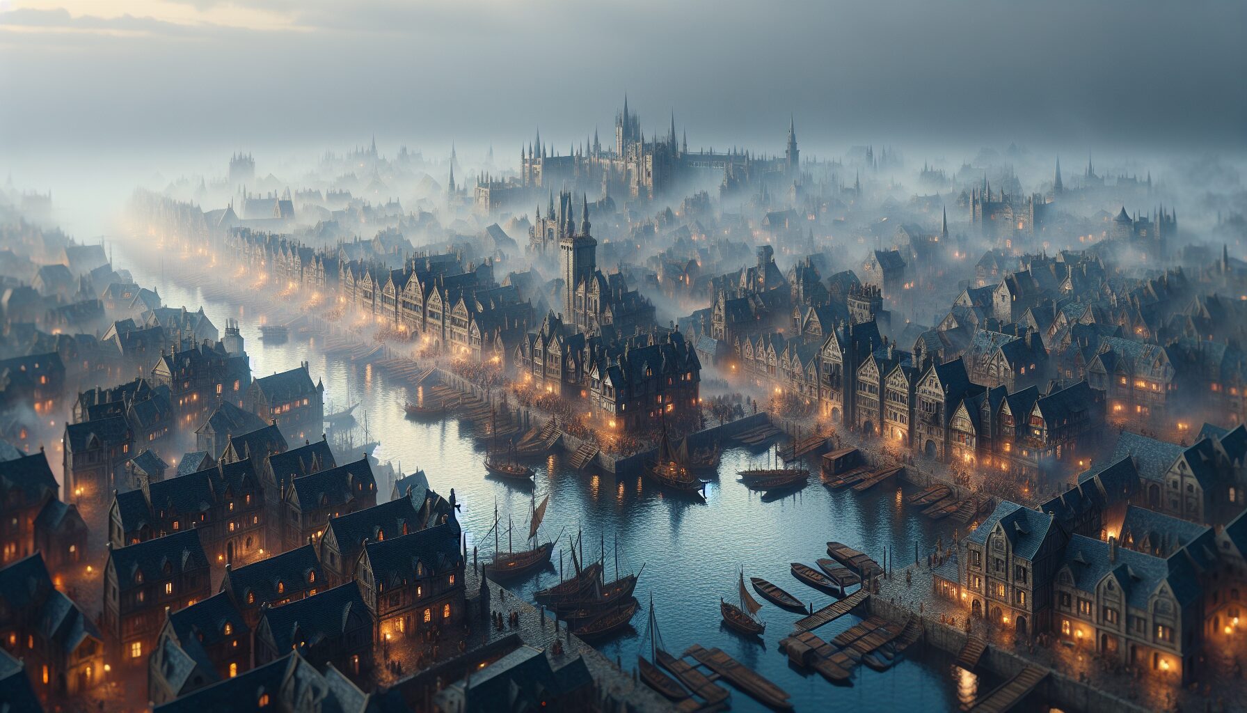 港口區晨霧下的柏德之門,下城區熙攘的人群與貨運起重機。