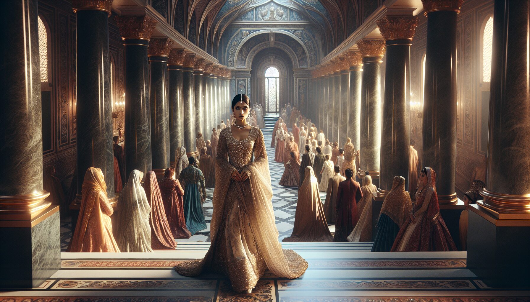 灰姑娘盛裝步入宮殿舞會中央,萬眾矚目,成為全場焦點