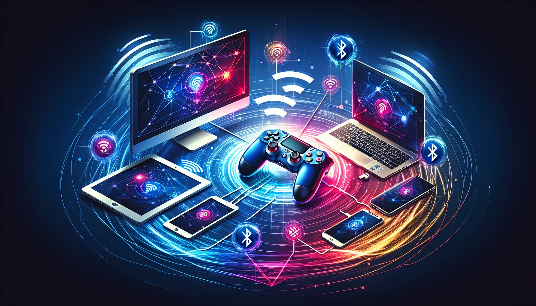 無線連接Xbox手把與多平台設備的情境圖解，展現多樣化用途。