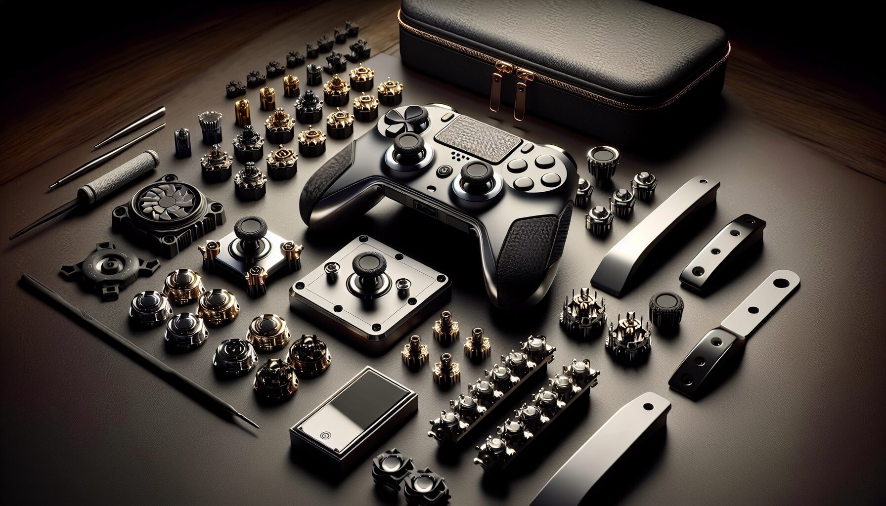 Xbox Elite Series 2控制器完整配件組展示，含可替換搖桿、撥片等。