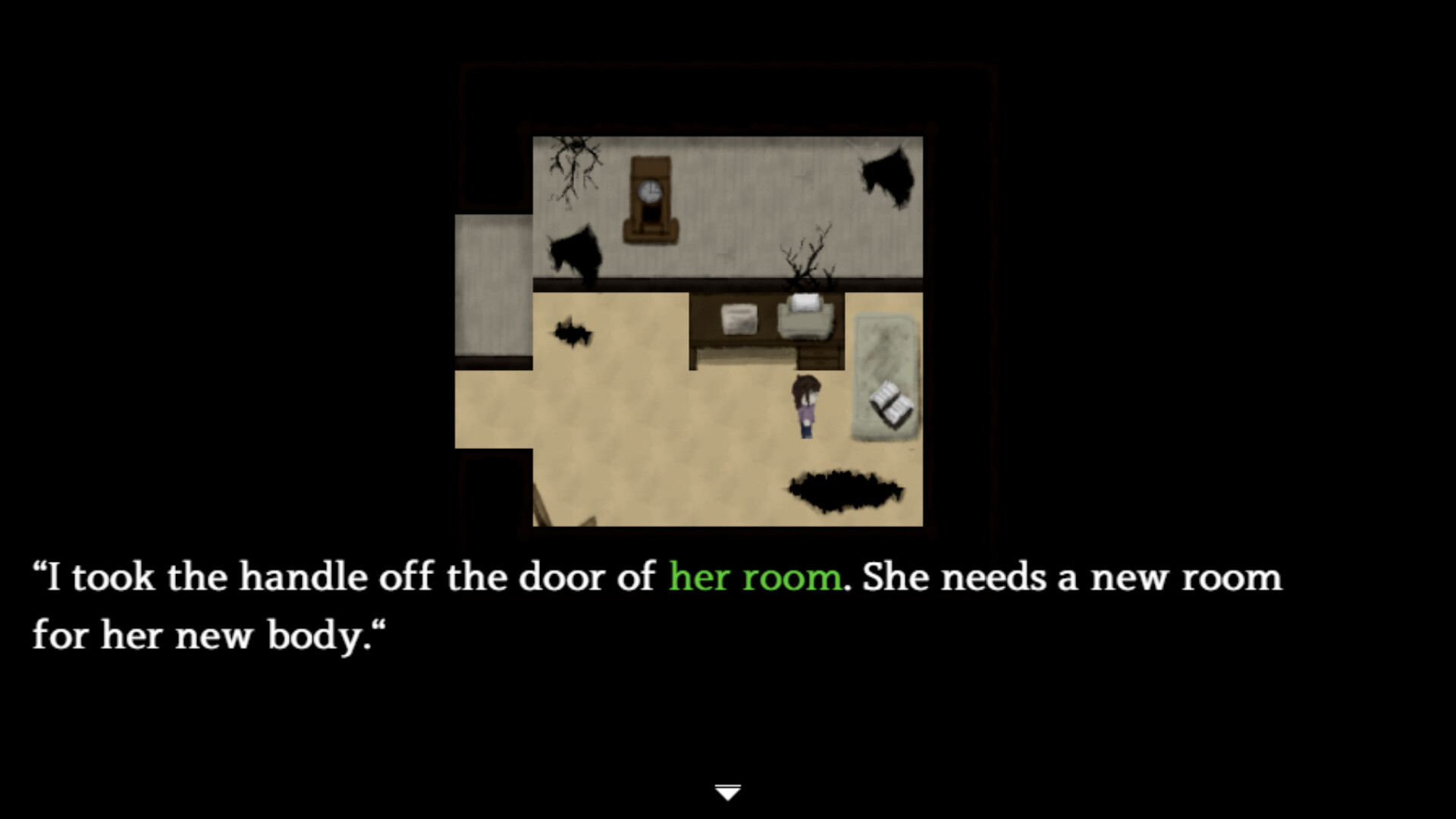 遊戲截圖，主角身處一間昏暗的房間，周圍散落著雜物。