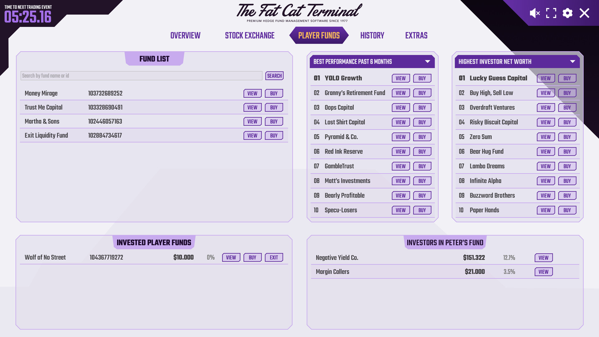 遊戲畫面展示了基金的詳細數據分析，包含資產淨值、回報率等