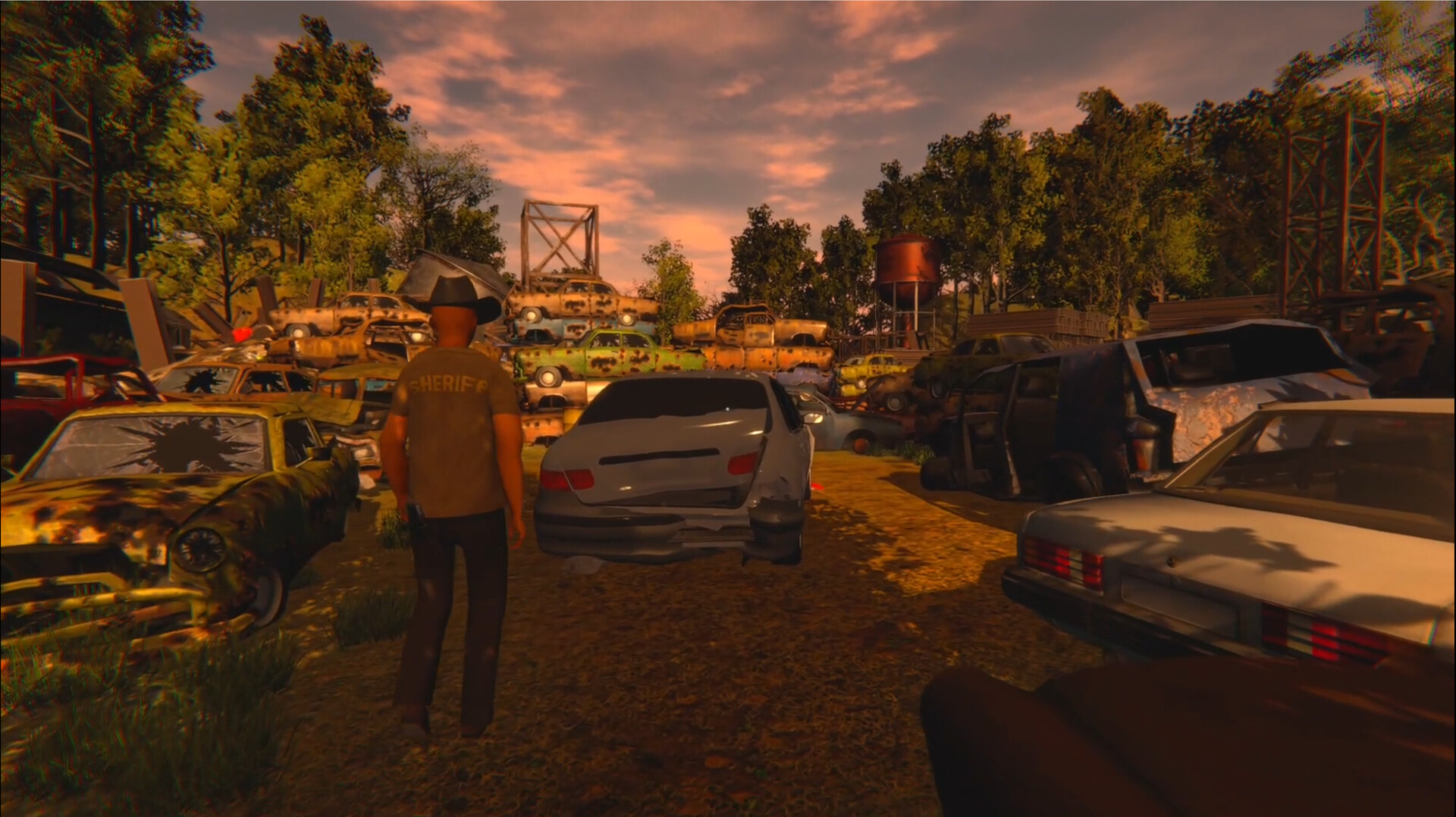 遊戲中的場景，廢棄的車輛和陰暗的環境营造出恐怖的氣氛