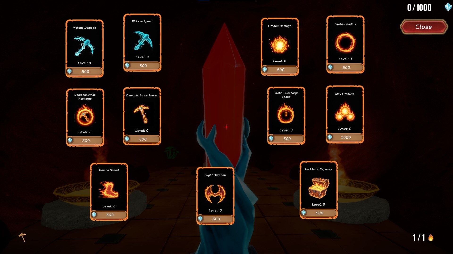 遊戲中的升級介面，圍繞著一顆惡魔魔法水晶。