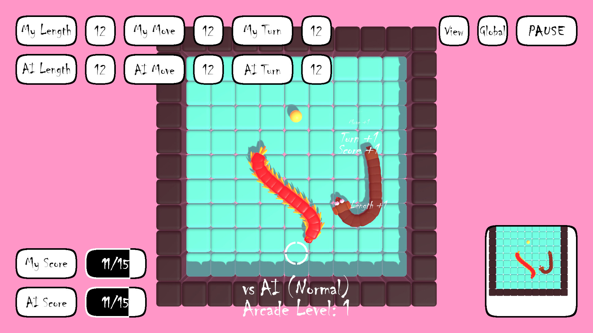 AI 貪吃蛇遊戲中一條粉紅色的蛇，有著可愛的卡通眼睛。