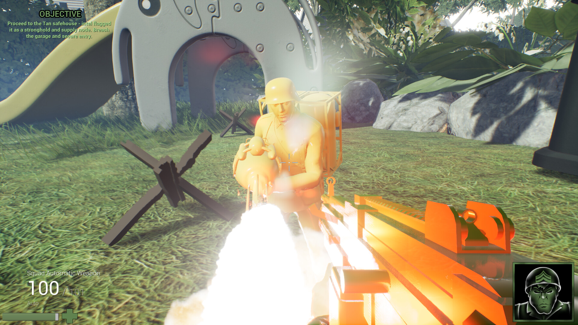 玩具兵在充滿巨大積木的臥室場景中戰鬥