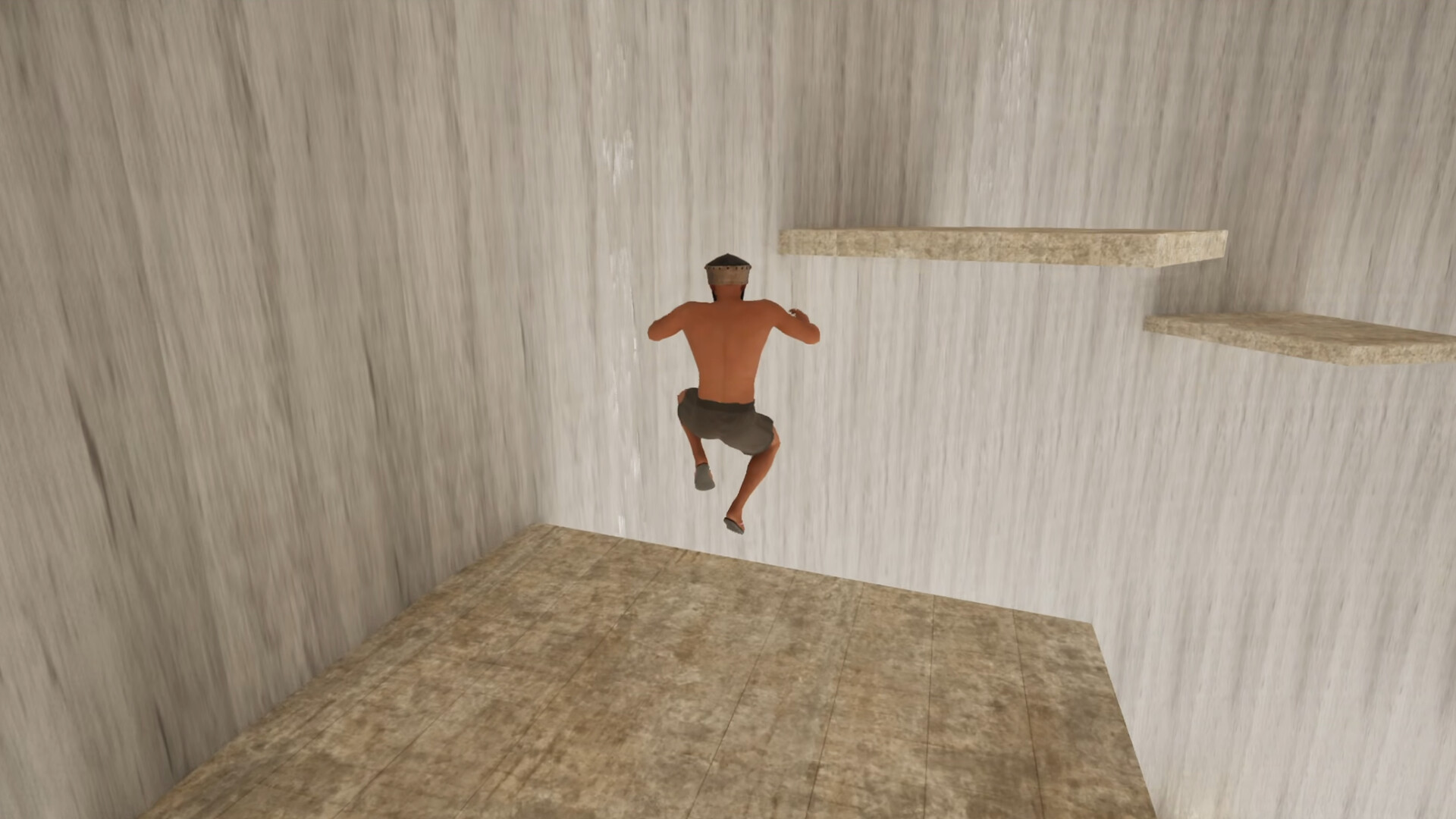 角色在空中進行一次長距離跳躍，下方是深不見底的空間