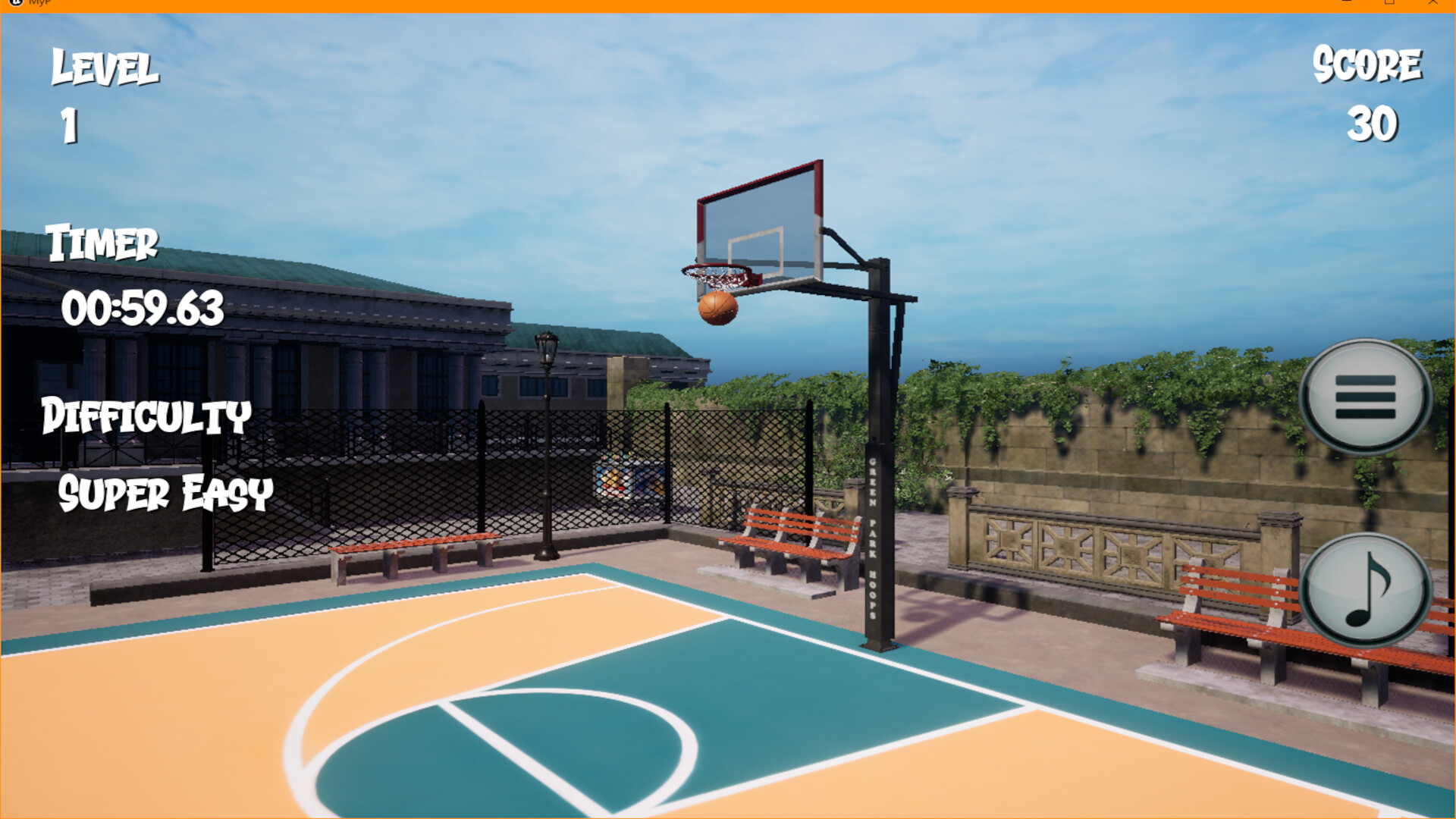 籃球在空中飛行的軌跡，背景是風格化的球場