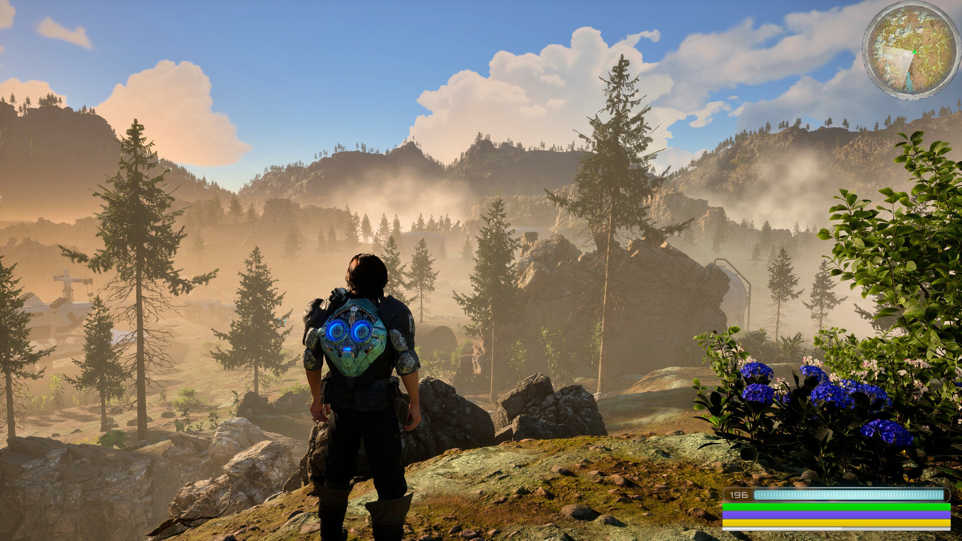 玩家角色與巨大的機械敵人對峙