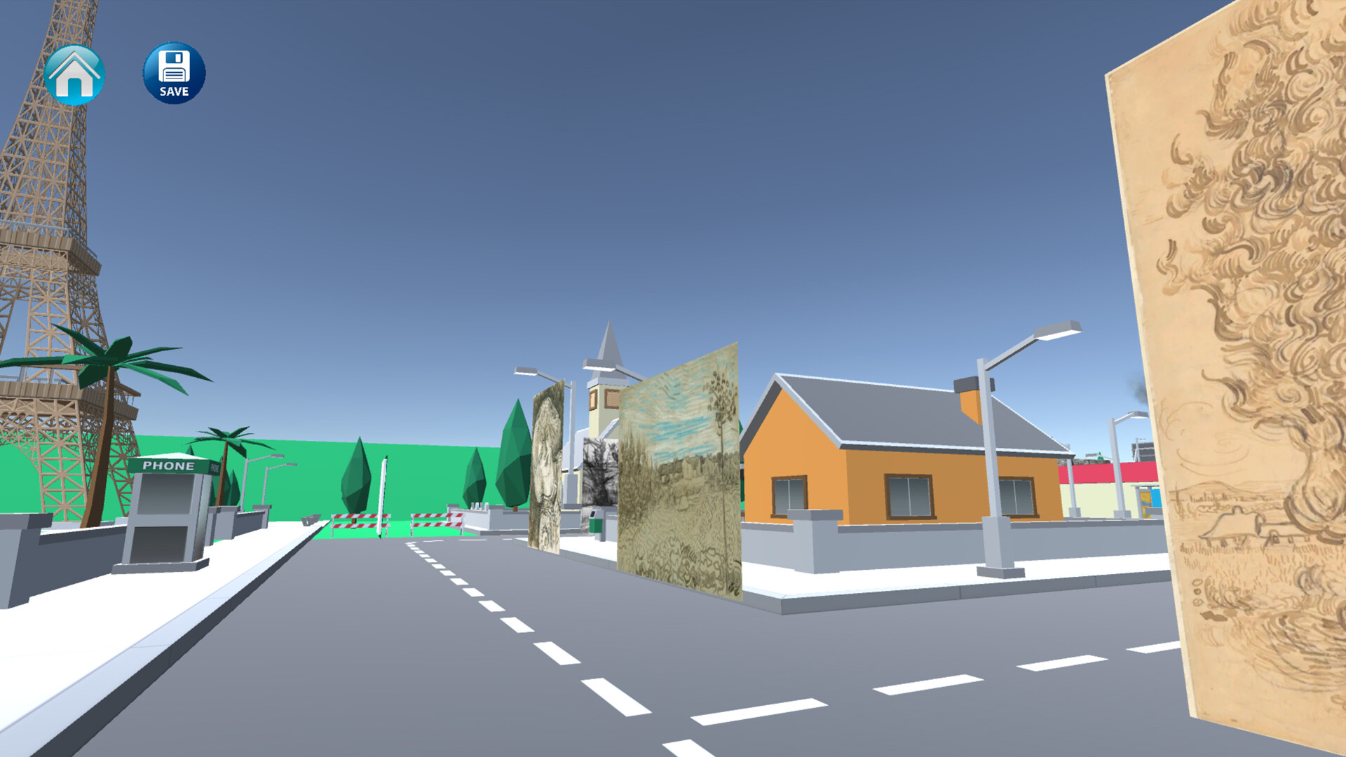 遊戲的室內場景,牆上掛著梵谷的畫作