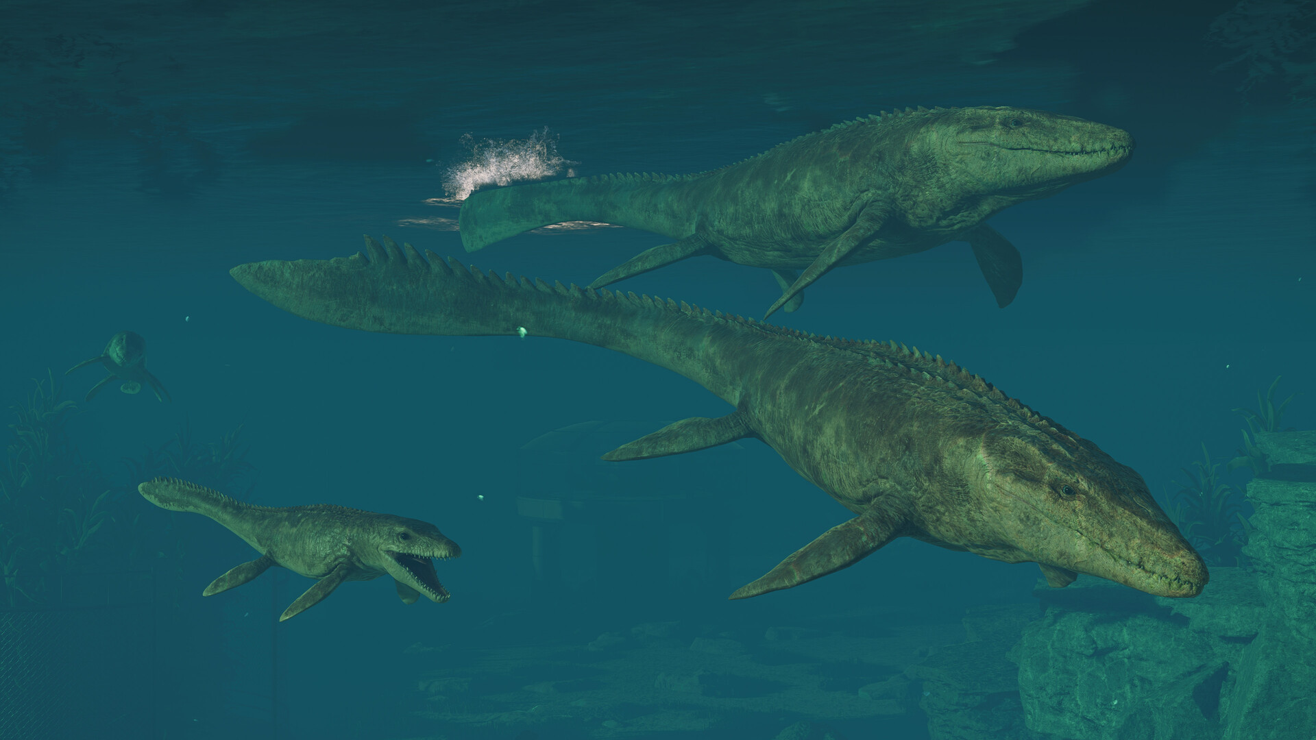 遊戲中恐龍群體活動的畫面