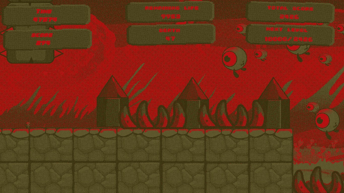 遊戲關卡截圖,紅色方塊被大量的藍色圓點包圍