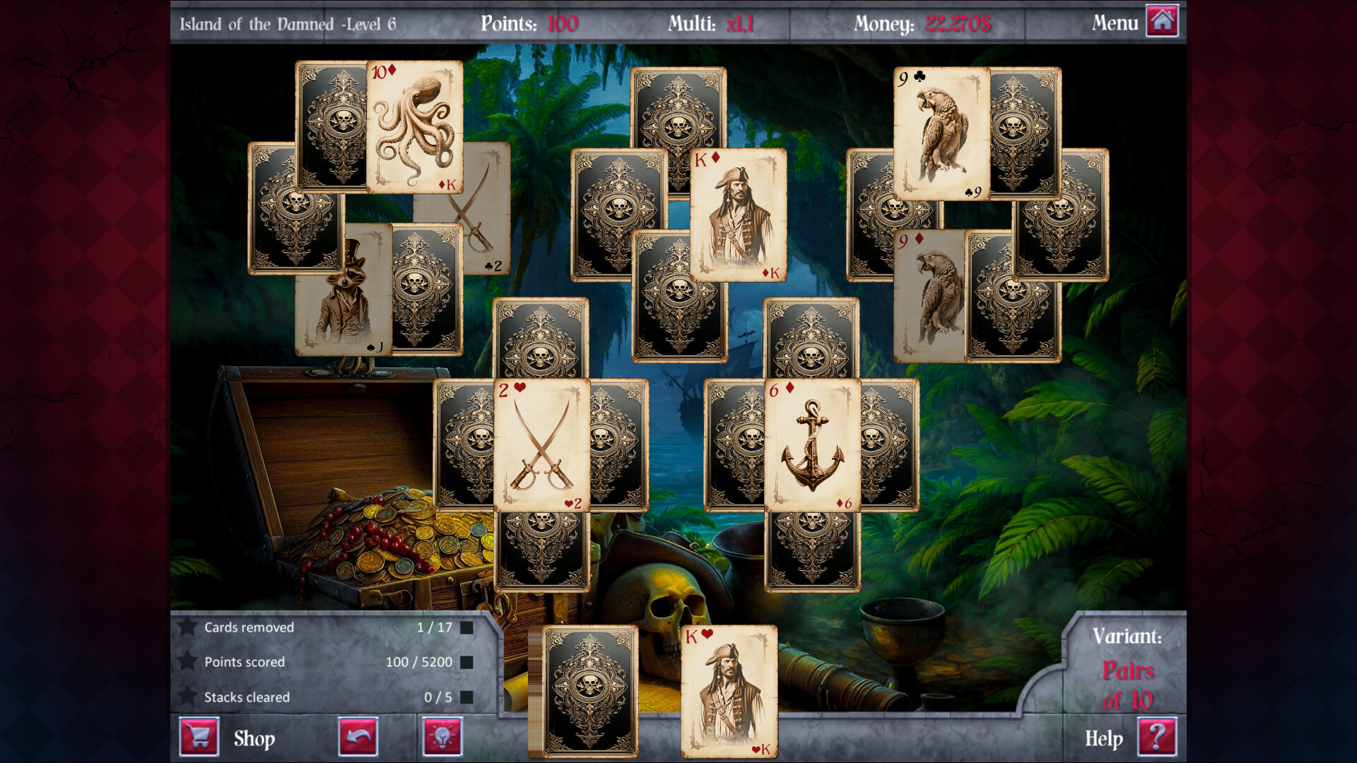 遊戲中的接龍牌局畫面,背景是迷霧繚繞的森林。